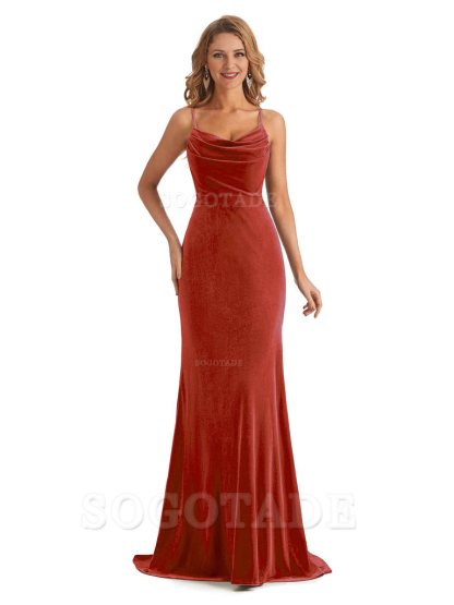 Elegant High Quality Mermaid Spaghetti Straps Cowl Velvet Side Slit Long Exquisite Bridesmaid Dresses Formal Women's Dresses Wedding Guests Dresses