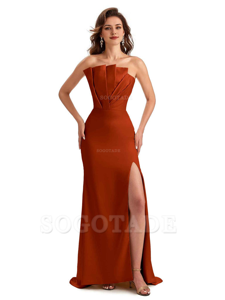 Unique Soft Satin Side Slit Asymmetrical Neckline Mermaid Long Bridesmaid Dresses