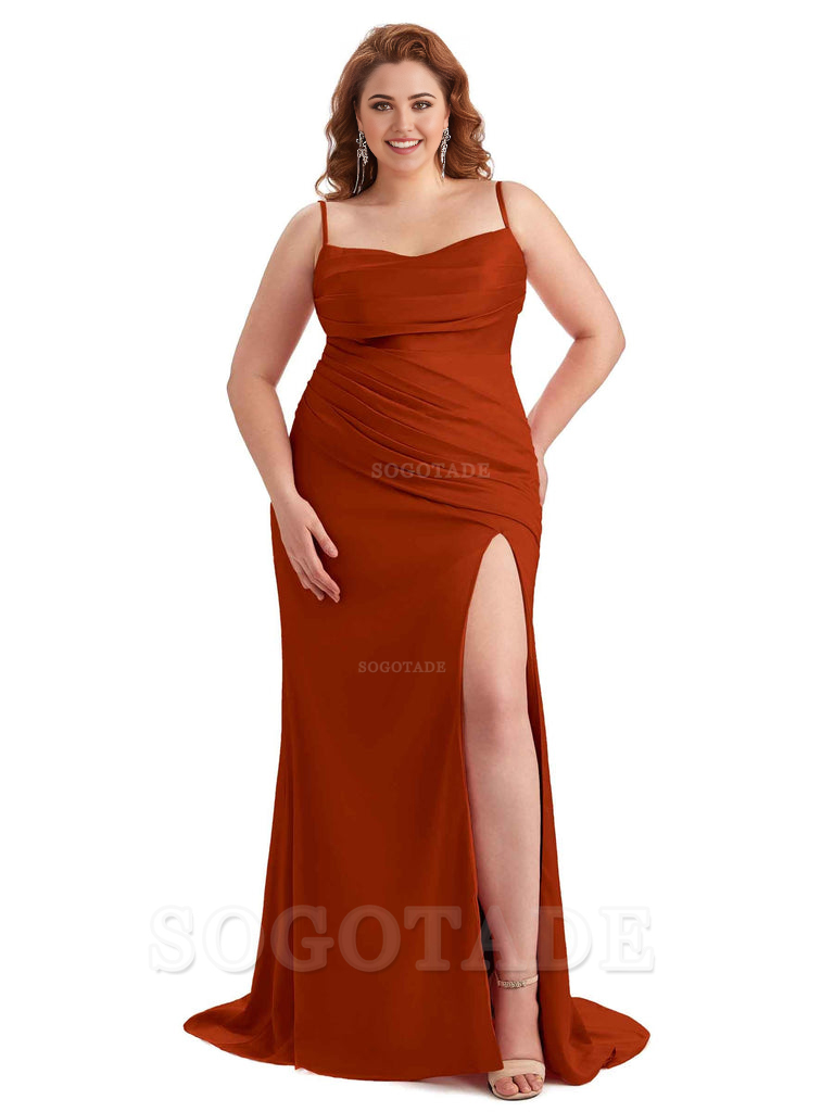 Sexy Side Slit Spaghetti Straps Mermaid Soft Satin Long Plus Size Bridesmaid Dress For Wedding