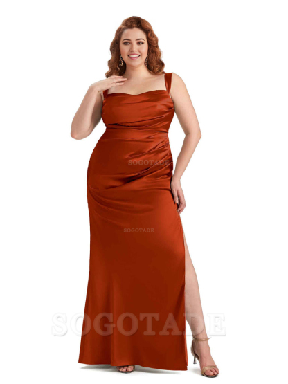 Sexy Side Slit Mermaid Wide Straps Soft Satin Long Plus Size Maid of Bridesmaid Dresses