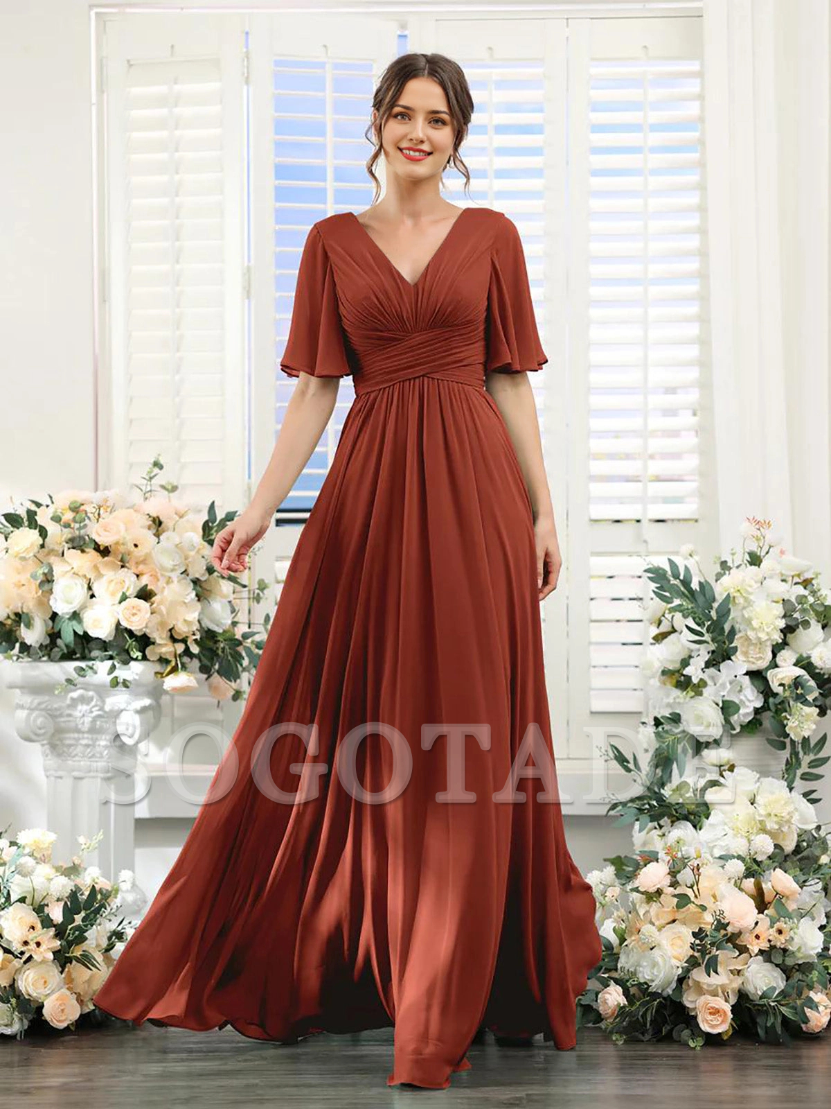 A-shaped V-shaped leader bridesmaid dress, suitable for wedding guests, long chiffon formal slit party dress