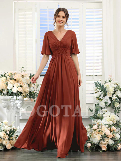 A-shaped V-shaped leader bridesmaid dress, suitable for wedding guests, long chiffon formal slit party dress