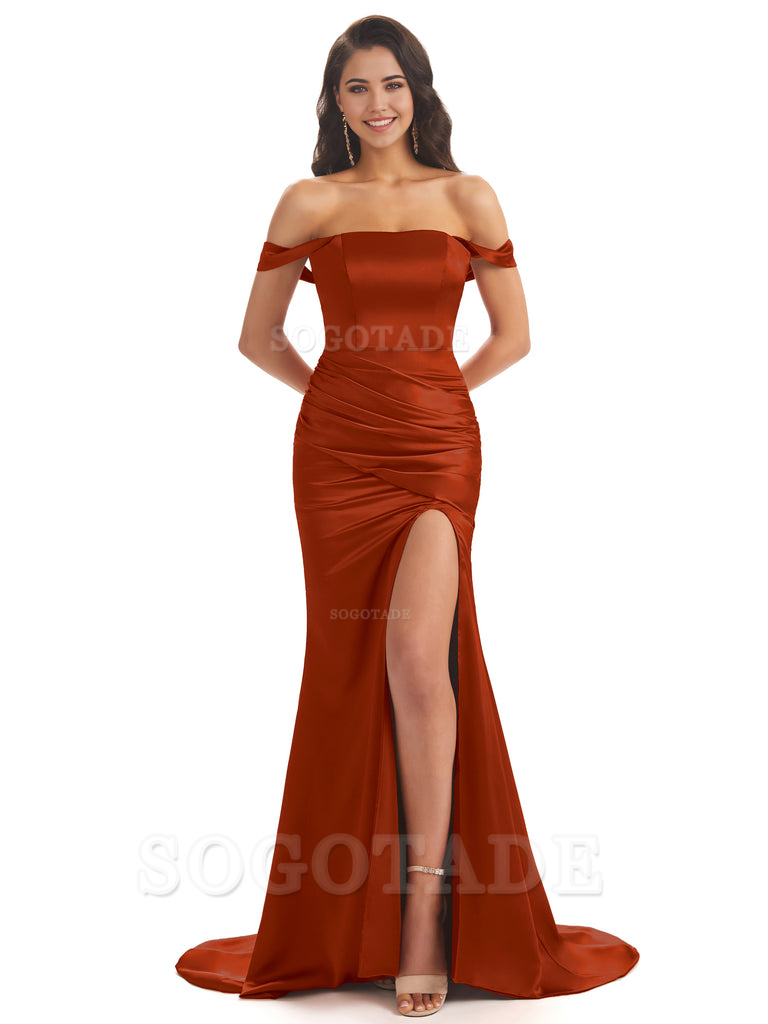 Mermaid Off Shoulder Floor-Length Satin formal dresses evening gown Bridesmaid Dresses With Side Slit 