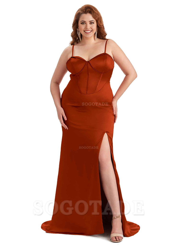 Sexy Spaghetti Straps Side Slit Sleeveless Mermaid Soft Satin Long Bridesmaid Dress Plus Size Dress To Wear to a Wedding