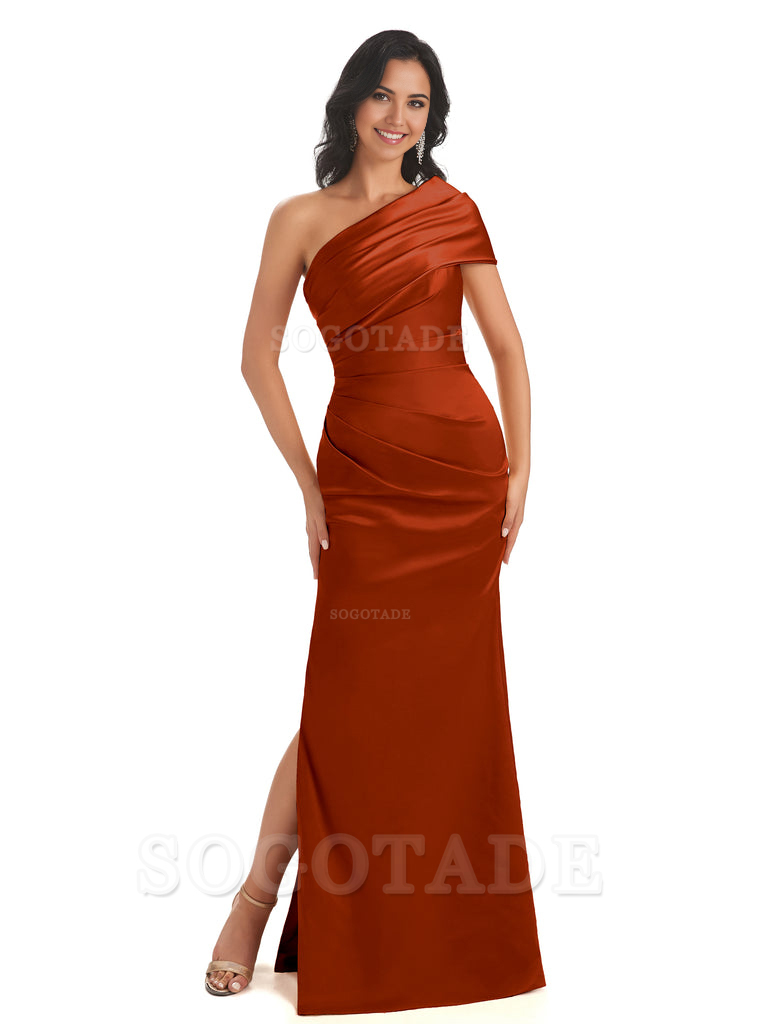 Mermaid One Shoulder Satin Long formal dresses evening gown Bridesmaid Dresses With Side Slit 