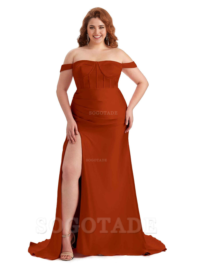 Elegant Off The Shoulder Side Slit Mermaid Soft Satin Floor Length Long Plus Size Bridesmaid Gowns
