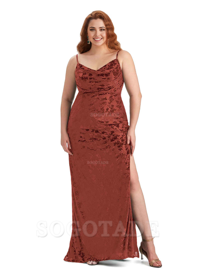 Sexy Side Slit Spaghetti Straps Mermaid Floral Velvet Long Plus Size B