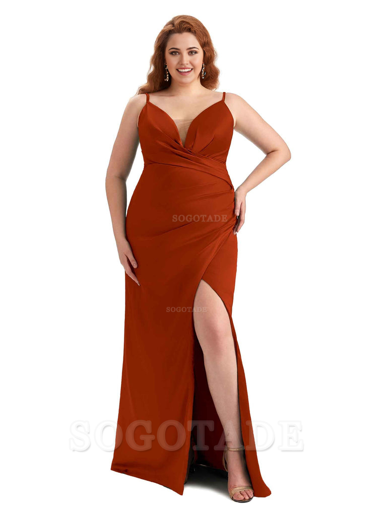 Sexy Side Slit Spaghetti Straps Sleeveless Mermaid V-neck Soft Satin Long Plus Size Bridesmaid Dress For Wedding