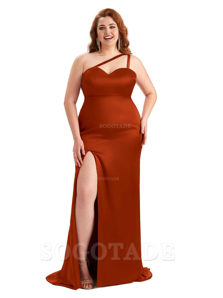 Sexy Side Slit Sleeveless Mermaid One Shoulder Soft Satin Long Plus Size Bridesmaid Dress For Wedding