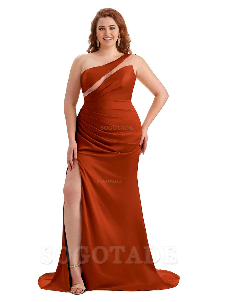 Sexy Unique Sleeveless One Shoulder Side Hight Slit Mermaid Soft Satin Long Plus Size Maid of Honour Dresses