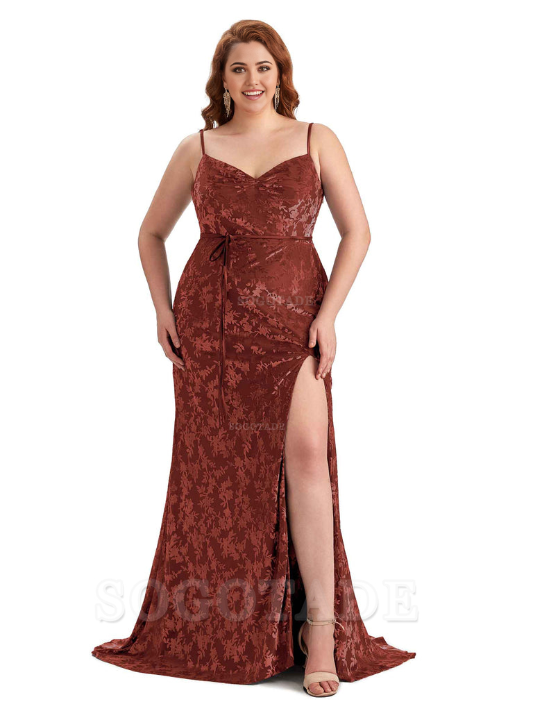 Sexy Side Hight Split Sleeveless Mermaid Spaghetti Straps Floral Velvet Long Plus Size Bridesmaid Gowns