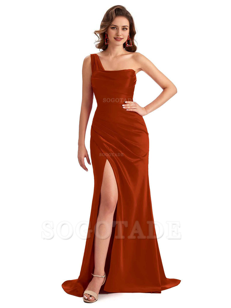 Sexy One Shoulder Side Slit Silky Satin Chic Long Mermaid Trumpet Bridesmaid Dress