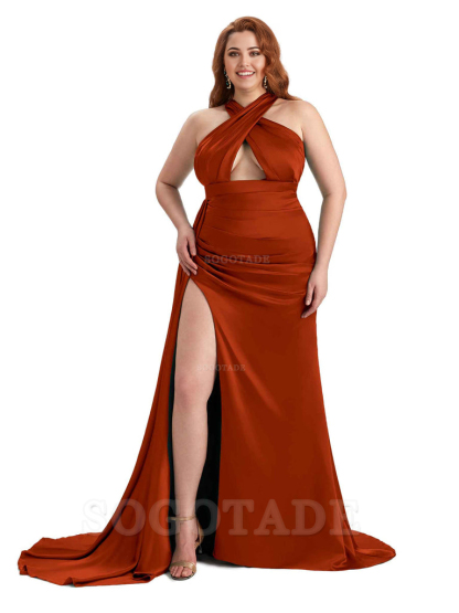 Sexy Halter Side Hight Slit Sleeveless Mermaid Soft Satin Long Plus Size Bridesmaid Dress For Wedding