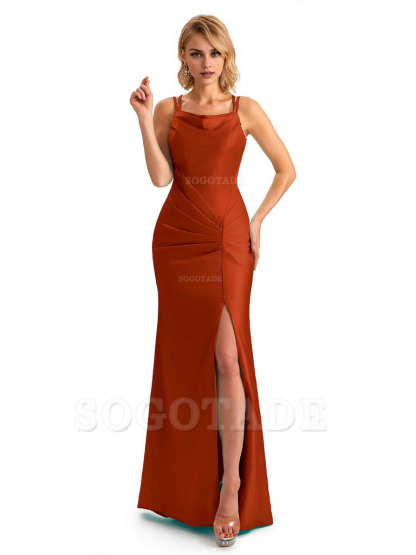 Soft Satin Spaghetti Straps Side Slit Long Unique Mermaid Beautiful Dresses For Wedding