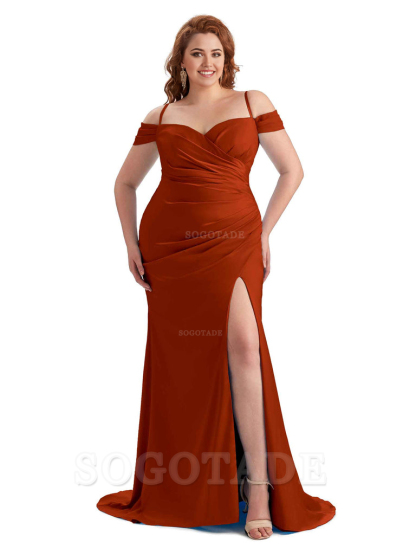 Sexy Side Slit Sleeveless Cold Shoulder Mermaid Soft Satin Long Plus Size Maid of Honor Dresses