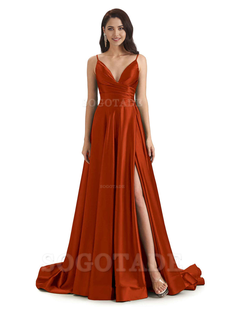 Spaghetti Straps Satin formal dresses evening gown Bridesmaid Dresses With Side Slit 