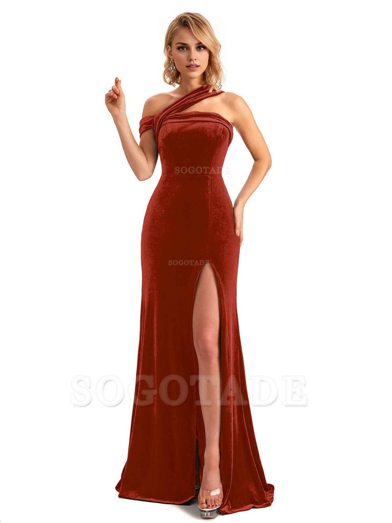 Sexy Mermaid Asymmetric Velvet Side Slit Long Bridesmaid Dresses