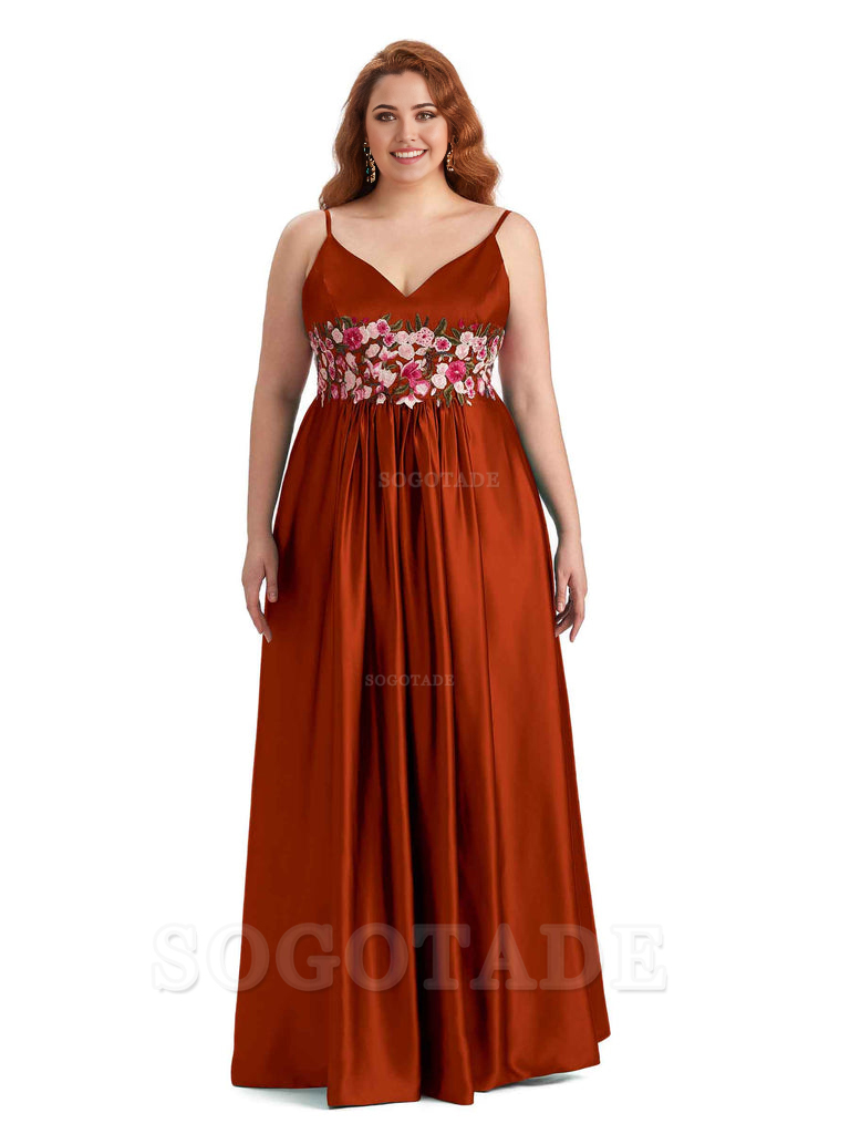 Unique Lace Spaghetti Straps Sleeveless Soft Satin Long Plus Size Bridesmaid Dress For Wedding