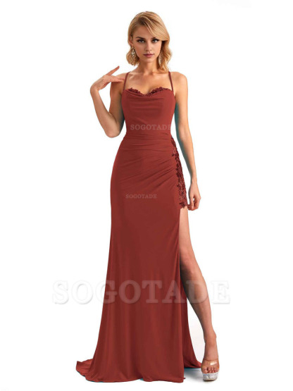 Mermaid Spaghetti Straps Side Slit Lace Stretchy Jersey Long Formal Bridesmaid Dresses