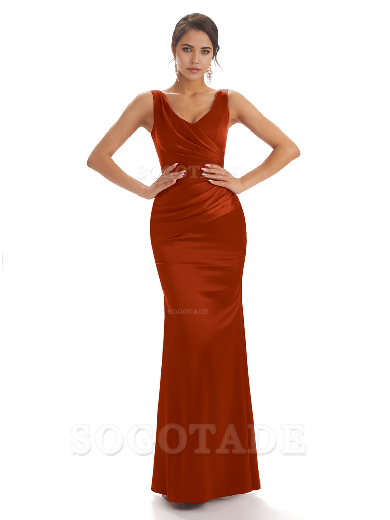 Sheath Sleeveless V-neck Floor-Length Satin formal dresses evening gown Bridesmaid Dresses With Pleats 