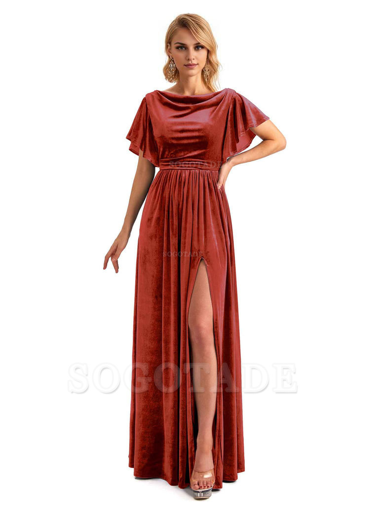Elegant A-Line Jewel Bat Sleeves Velvet Side Slit Long Bridesmaid Dresses