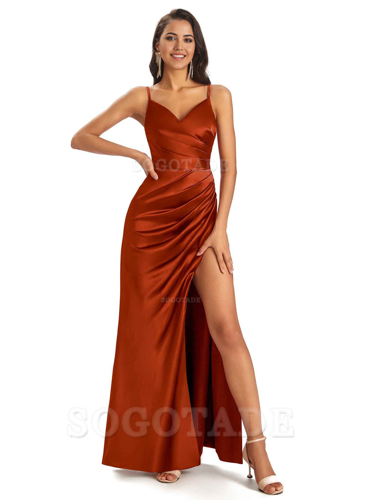 Sheath V-Neck Spaghetti Straps formal dresses evening gown Bridesmaid Dresses With Side Slit 