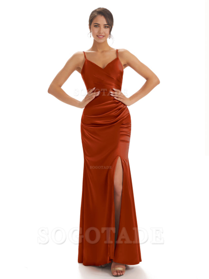 Spaghetti Straps Pleats Satin formal dresses evening gown Bridesmaid Dresses With Side Slit 