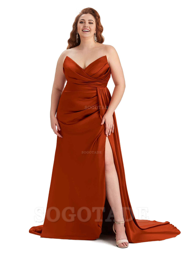 Sexy V-neck Side Slit Sleeveless Mermaid Soft Satin Long Plus Size Bridesmaid Gowns