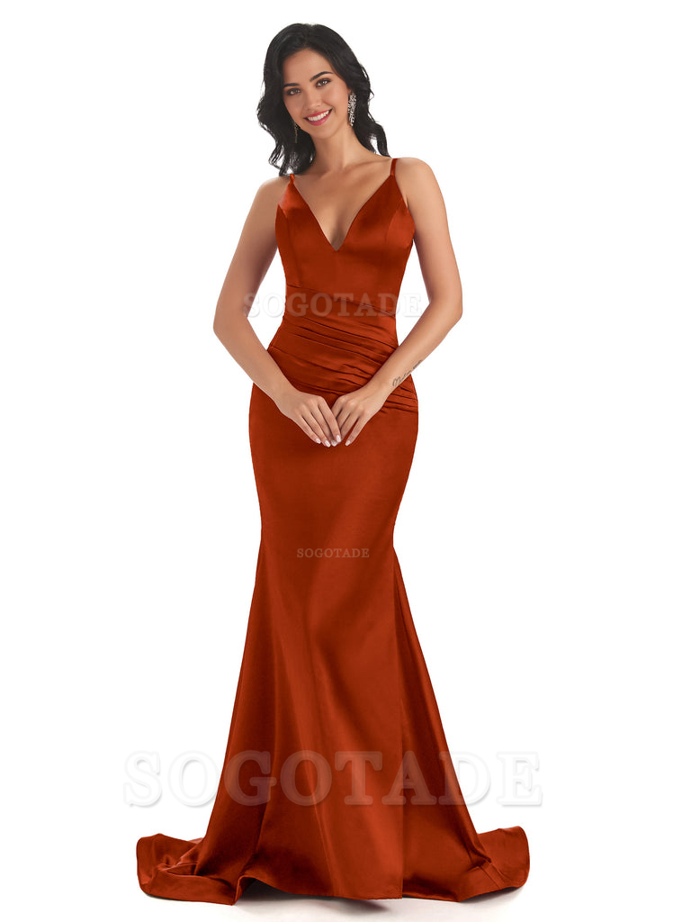 Mermaid Spaghetti V-Neck Straps Satin Long formal dresses evening gown Bridesmaid Dresses With Side Slit 