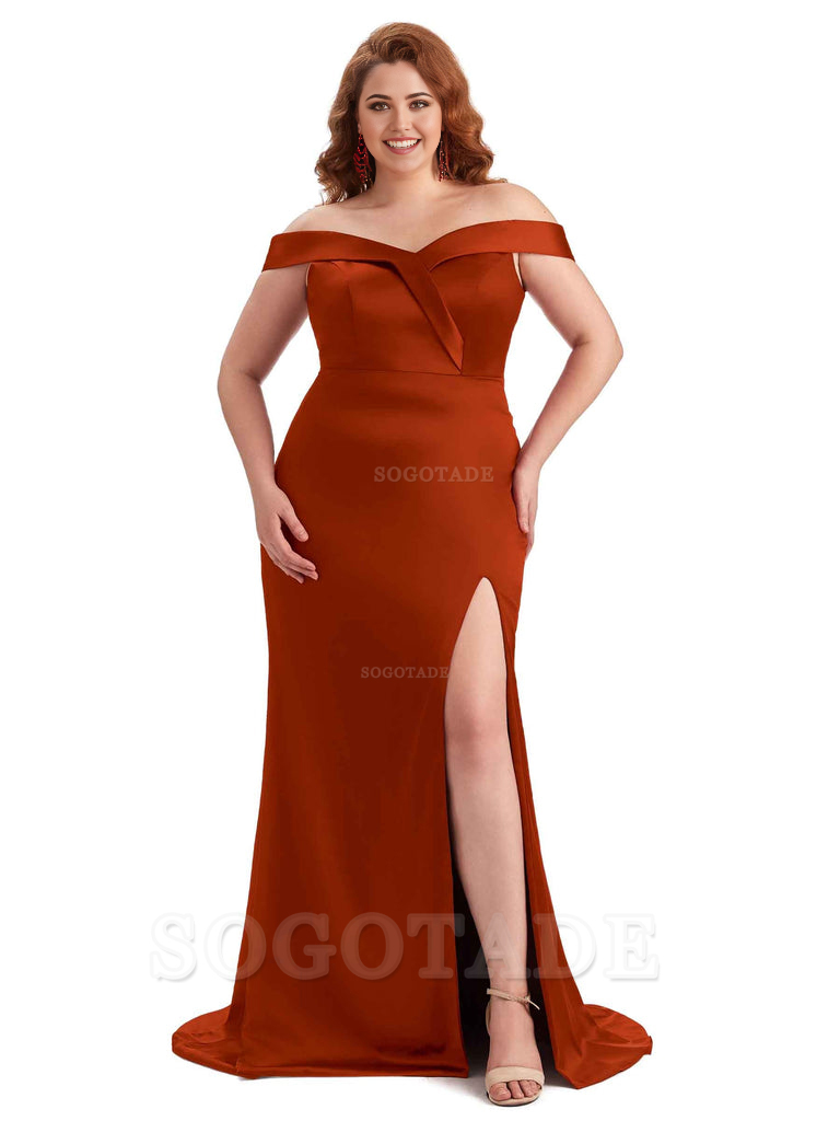 Elegant Off The Shoulder Sleeveless Side Slit Mermaid Soft Satin Long Plus Size Bridesmaid Gowns