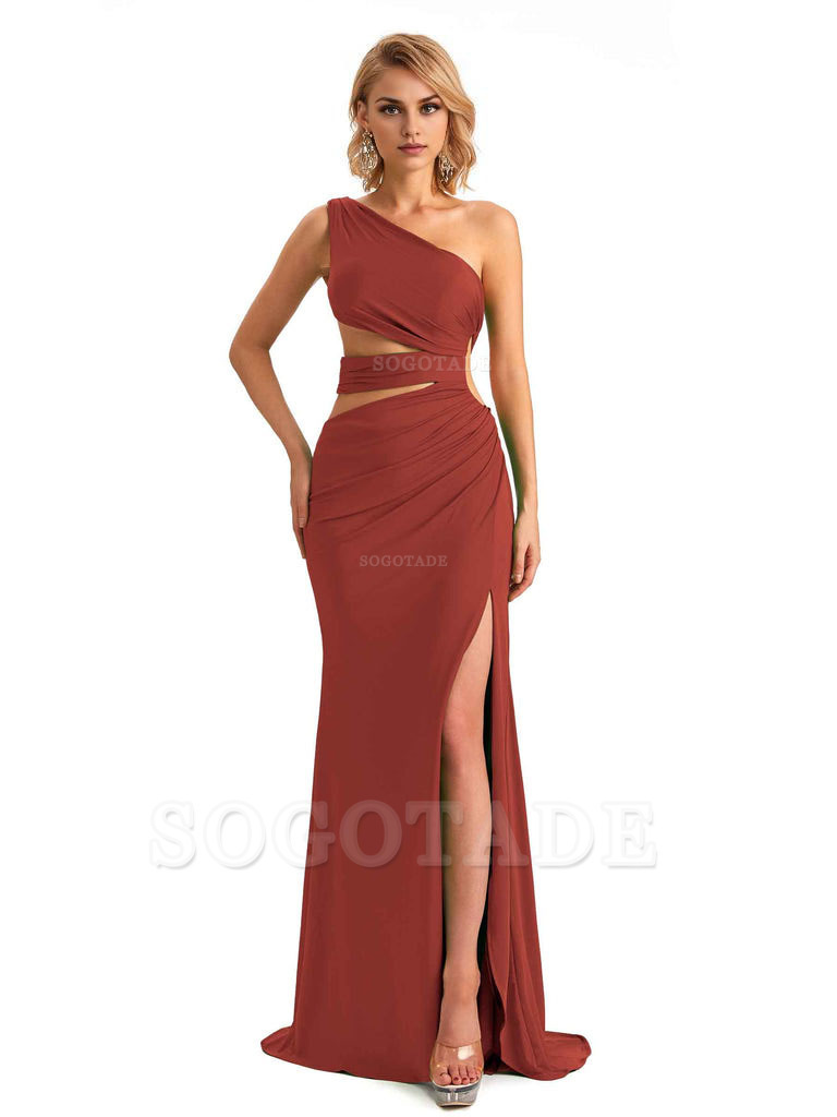 Elegant Mermaid One Shoulder Side Slit Stretchy Jersey Long Formal Bridesmaid Dresses