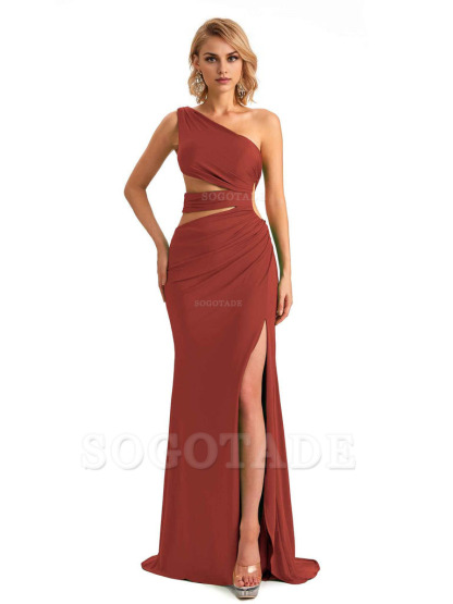Elegant Mermaid One Shoulder Side Slit Stretchy Jersey Long Formal Bridesmaid Dresses