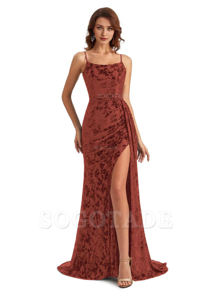 Sexy Side Slit Spaghetti Straps Mermaid Floral Velvet Long Wedding Guest Dresses