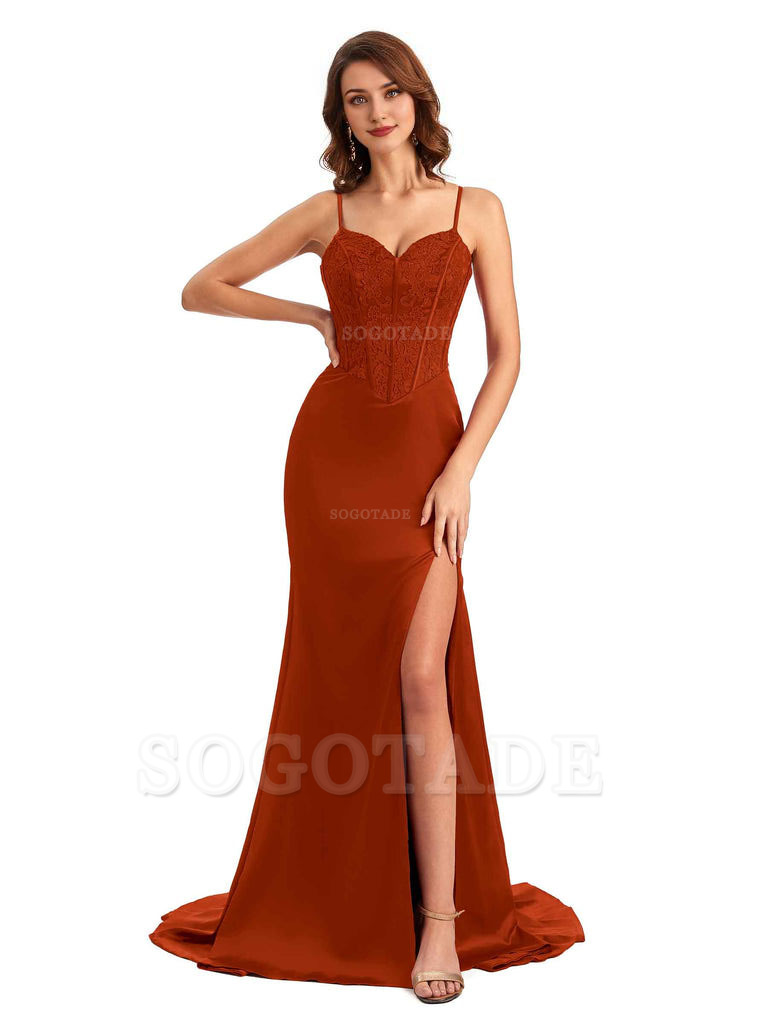 Sexy Side Slit Mermaid Silky Satin V-Neck Lace Unique Long Bridesmaid Dresses