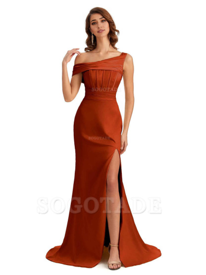 Elegant Asymmetrical Neck Soft Satin Side Slit Long Mermaid Bridesmaid Dresses