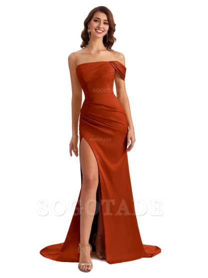Unique One Shoulder Side Slit Satin Long Formal Dresses For Bridesmaid Dresses