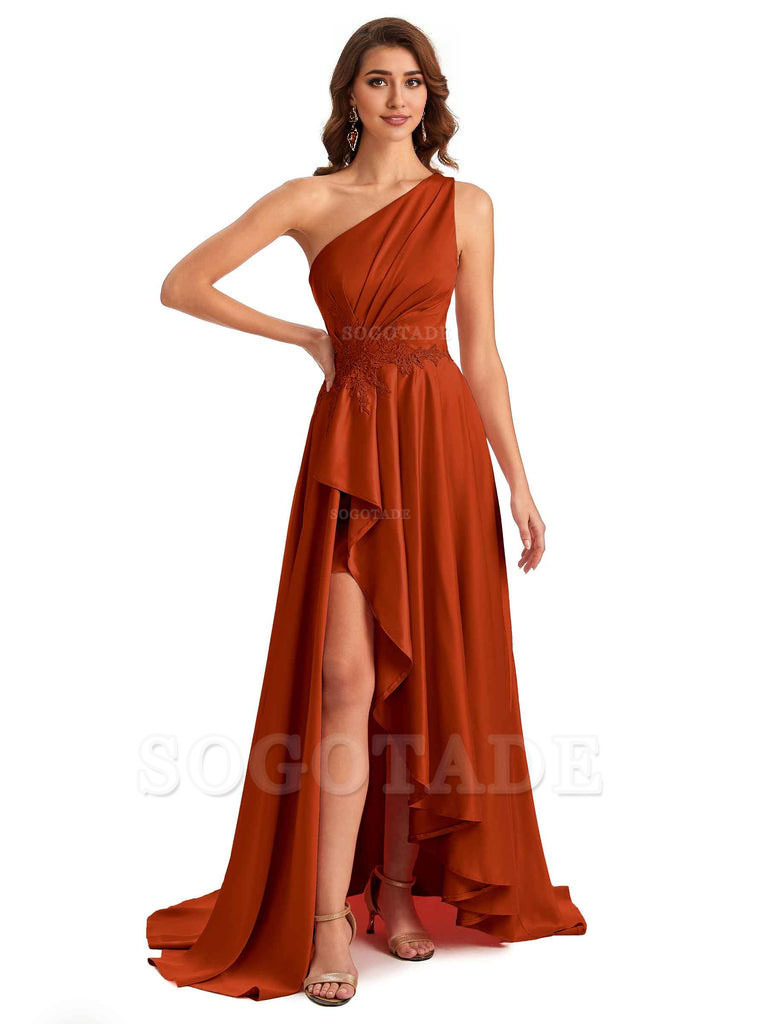 Sexy One Shoulder A-Line High Low Silky Satin Lace Long Formal Wedding Guest Dresses