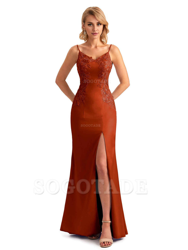 Sexy Side Split Mermaid Spaghetti Straps Soft Satin Unique Lace Long Bridesmaid Dresses