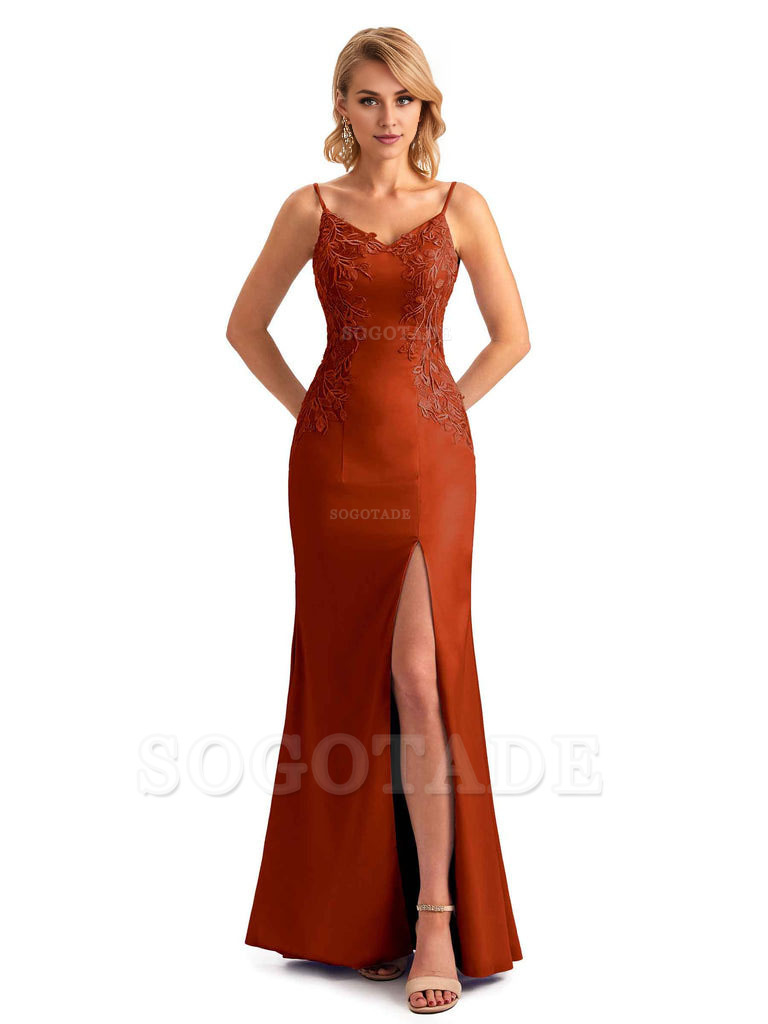 Sexy Side Split Mermaid Spaghetti Straps Soft Satin Unique Lace Long Bridesmaid Dresses