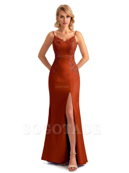 Sexy Side Split Mermaid Spaghetti Straps Soft Satin Unique Lace Long Bridesmaid Dresses