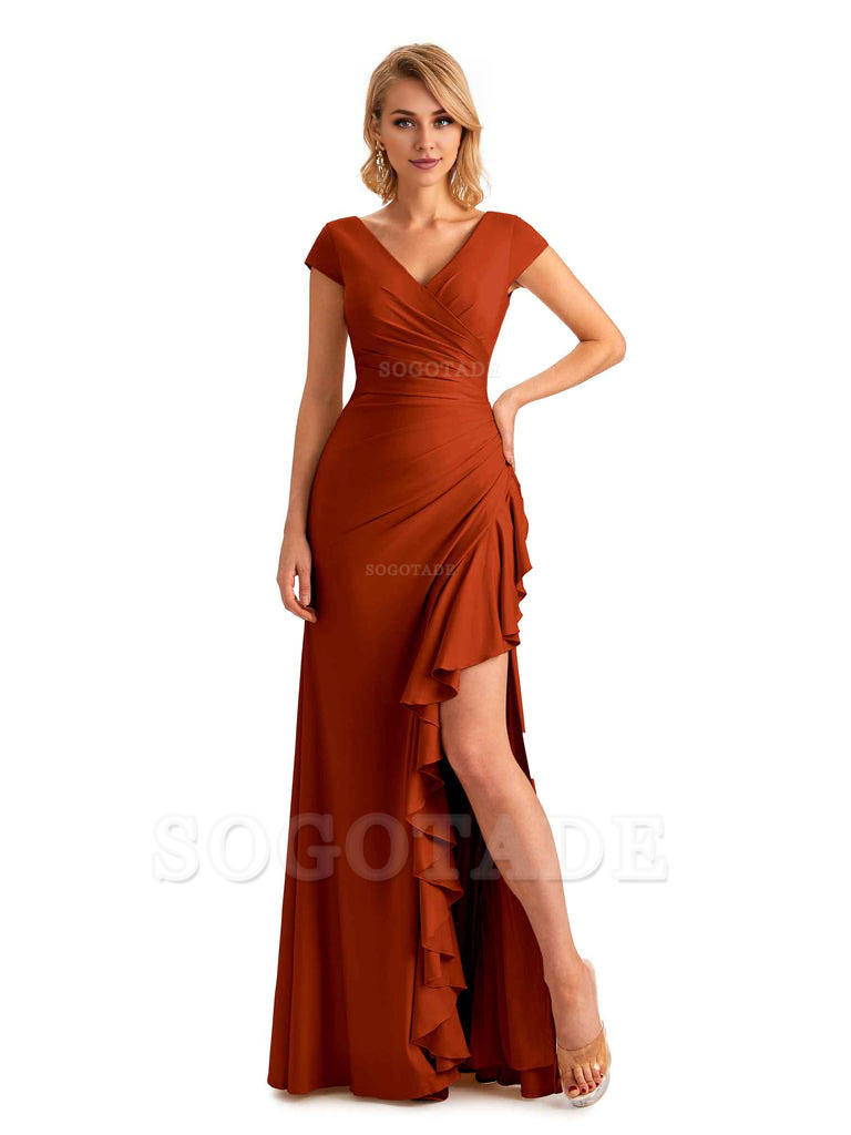 Sexy Side Slit Short Sleeves Mermaid Soft Satin Unique Long Maid Of Honor Dresses