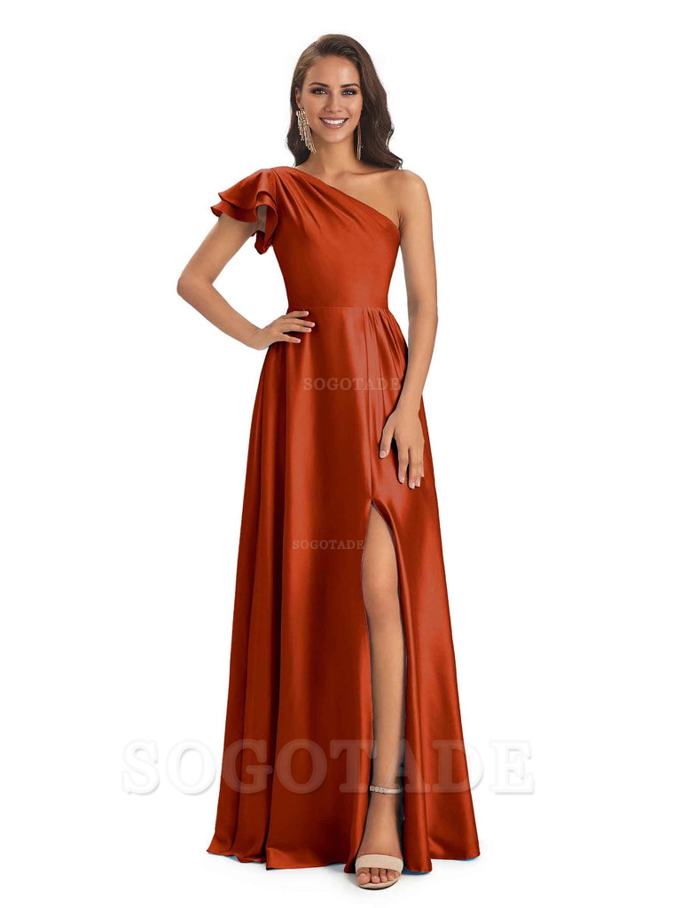 A-Line One Shoulder Ladies Long Bridesmaid Dresses Soft Satin Side Slit Elegant Evening Party Dress