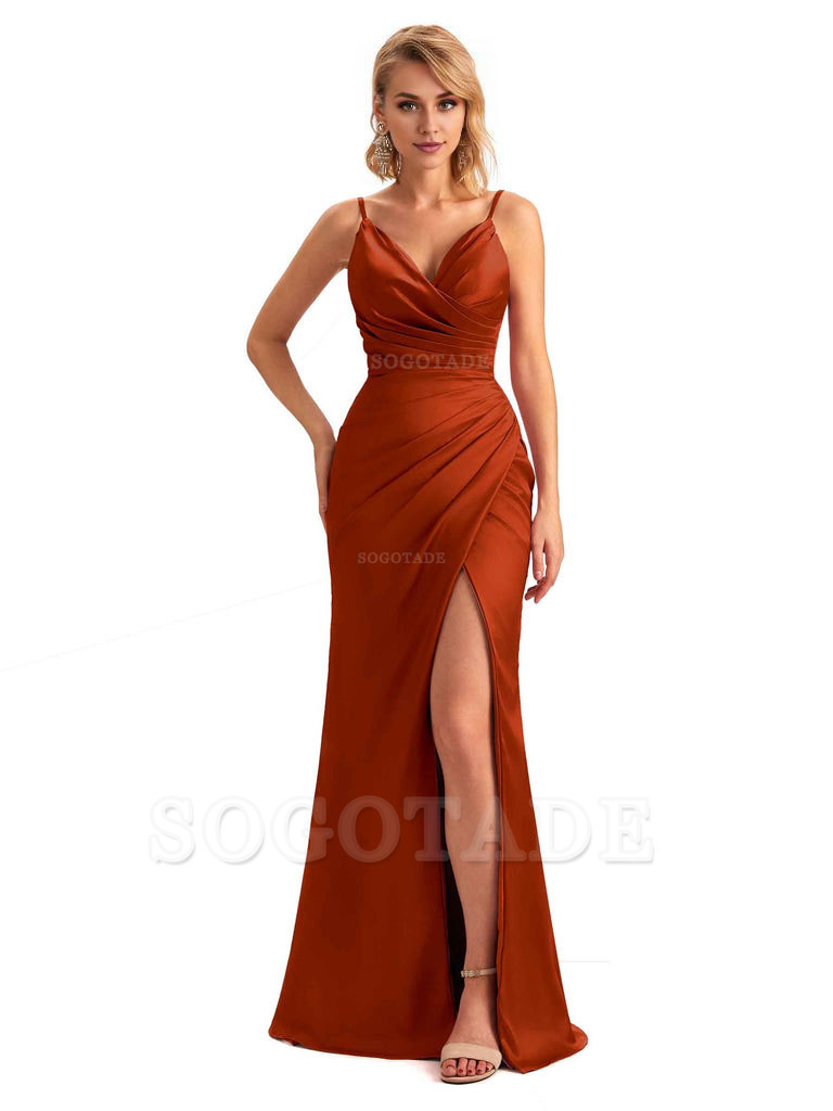 Sexy Side Slit V-Neck Mermaid Silky Satin Unique Long Formal Ladies Bridesmaid Dresses
