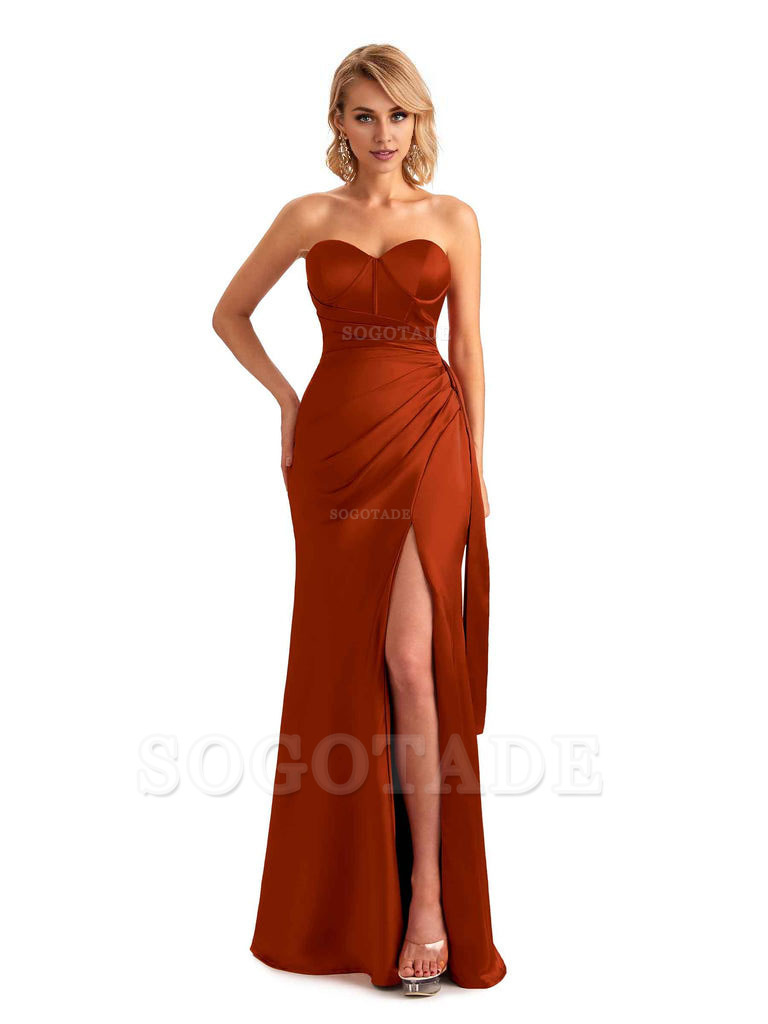 Sexy Side Slit Strapless Mermaid Soft Satin Unique Long Bridesmaid Dress For Wedding