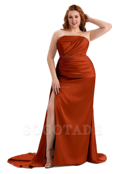 Sexy Side Slit Mermaid Soft Satin Formal Wedding Plus Size Bridesmaid Dresses