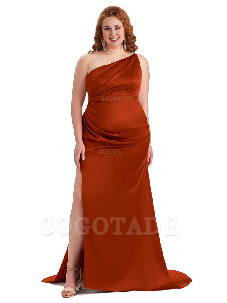 Sexy One Shoulder Side Slit Mermaid Soft Satin Long Plus Size Bridesmaid Dress For Wedding