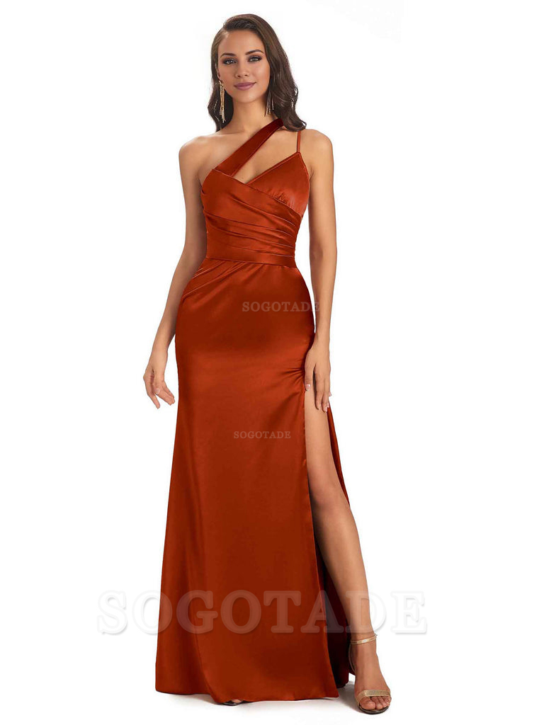 Elegant Soft Satin Side Slit One Shoulder Floor-Length Maxi Bridesmaid Dresses Evening Party Dress