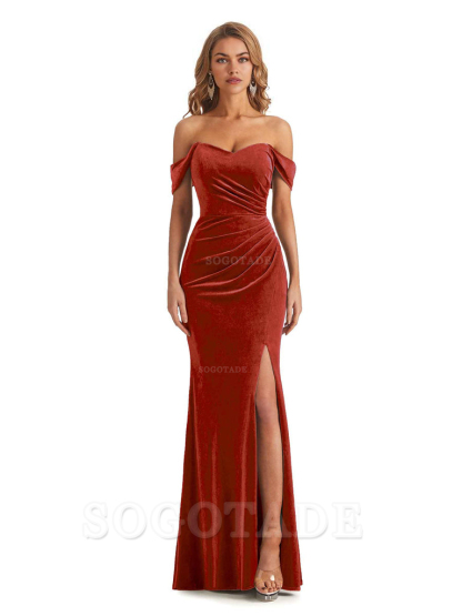 Elegant Mermaid Off Shoulder Pleats Velvet Side Slit Long Bridesmaid Dresses Evening Party Dress