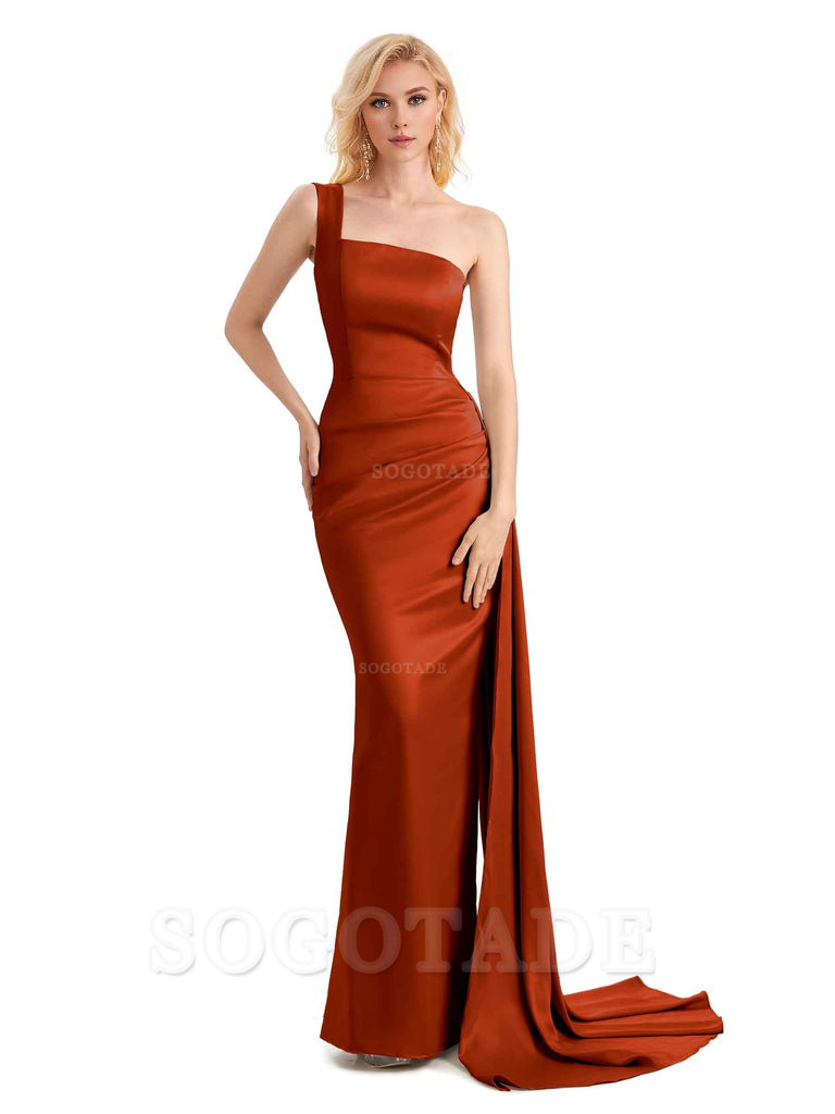 Elegant One Shoulder Soft Satin Mermaid Unique Long Bridesmaid Dresses Charming Evening Party Dress