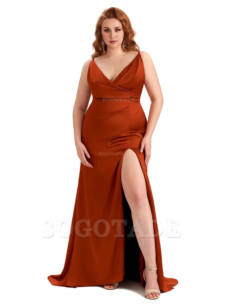 Sexy Side Slit Spaghetti Straps Mermaid Soft Satin Fashion Bridesmaid Dresses